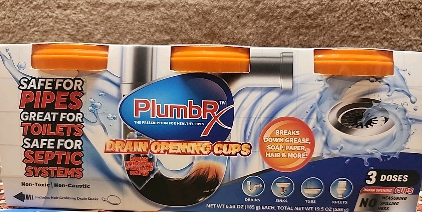 Lot of 2 Packages: PlumbRx Drain Opener Powder Cups + Hair Snake, 6 Total Cups