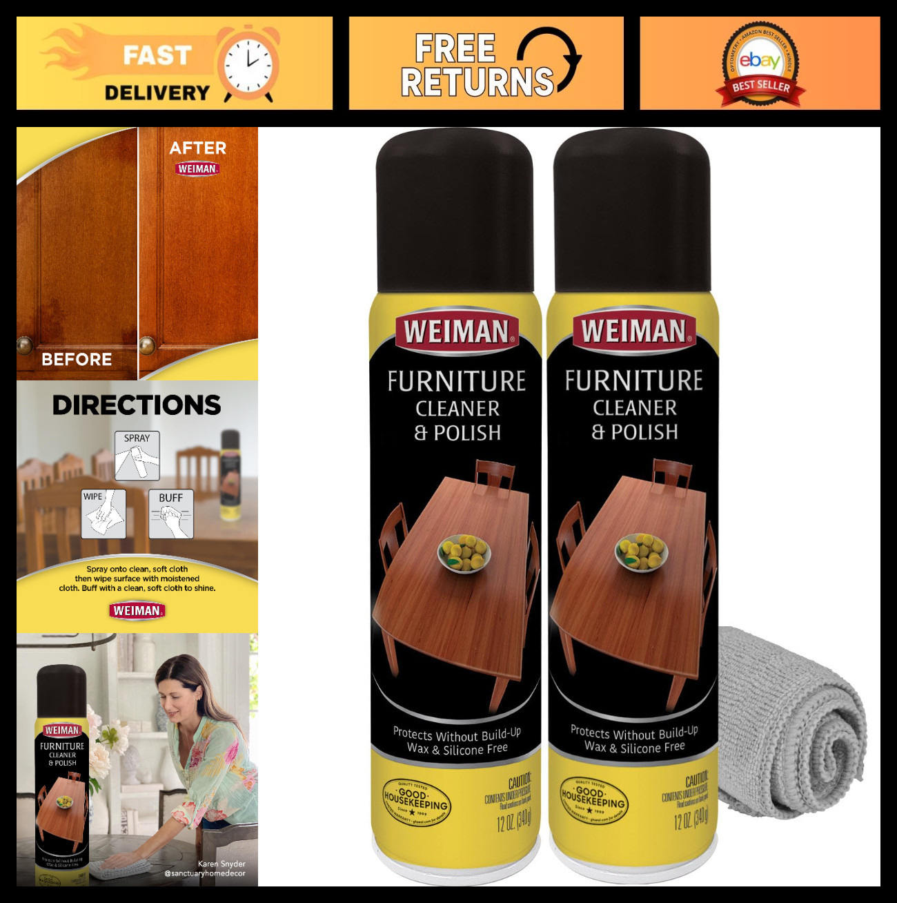 Wood Furniture Cleaner & Polish – Cleans, Shines & Protects – 2 Pack + Microfibe