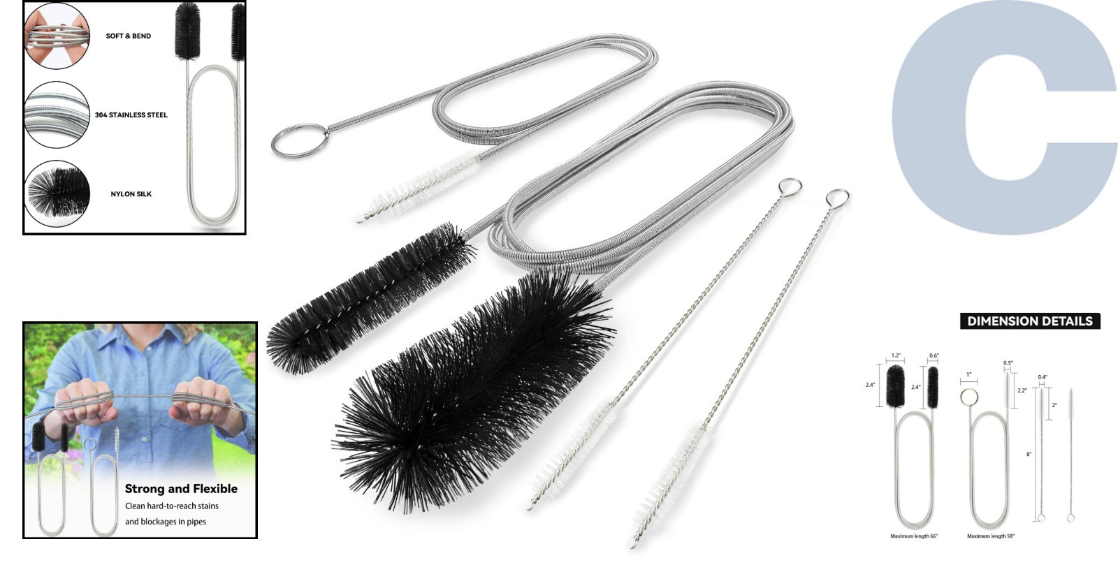 Stainless Steel 4-Piece Pipe Cleaning Brush Set – Long Handle & Portable Design