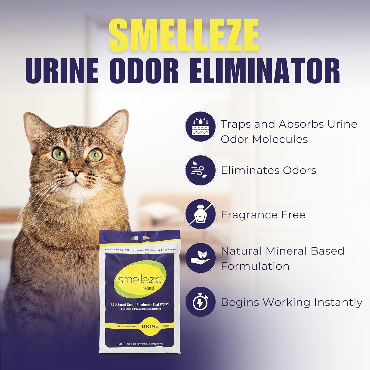 SMELLEZE Natural Urine Smell Deodorizer Granules: 25 lb. Bag Sprinkle 2-6 Tables