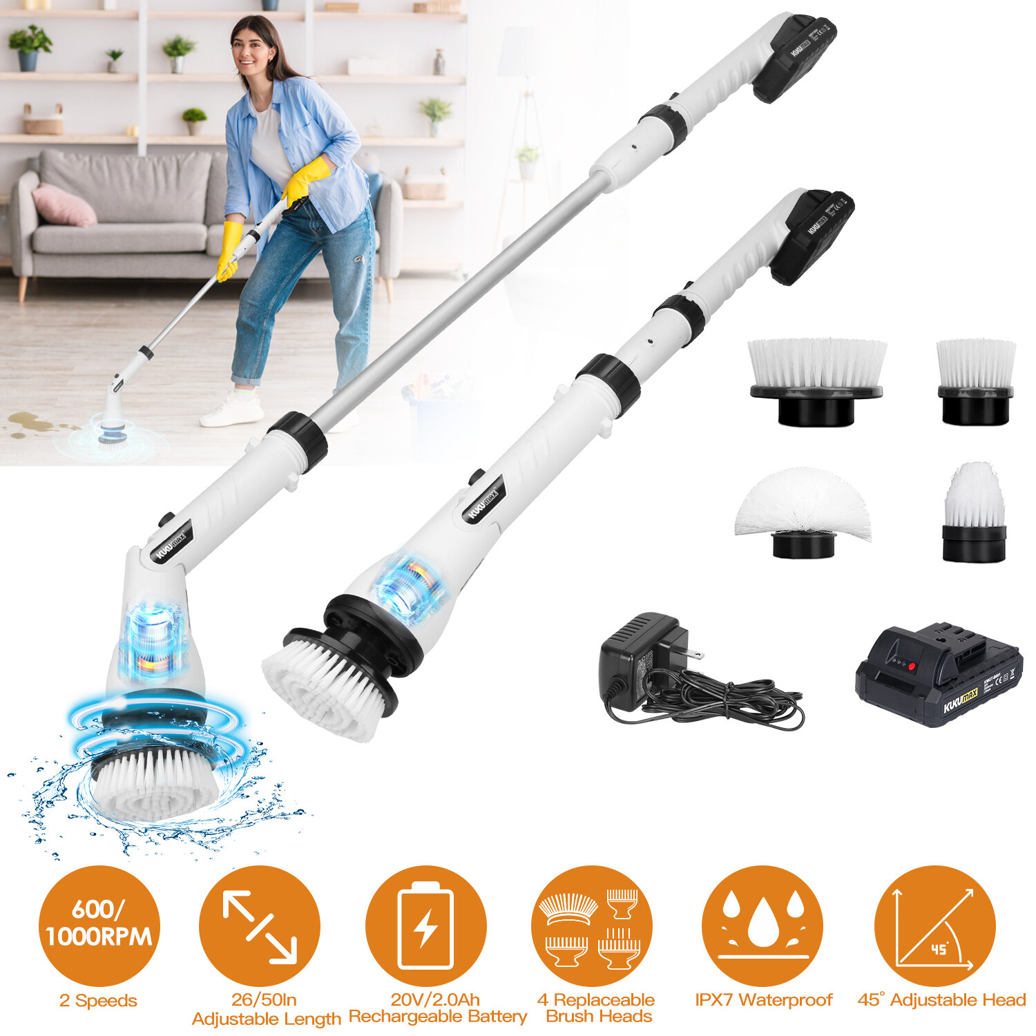 Cordless Electric Spin Scrubber 4 Replacement Head for Bathroom Kitchen Cleaning