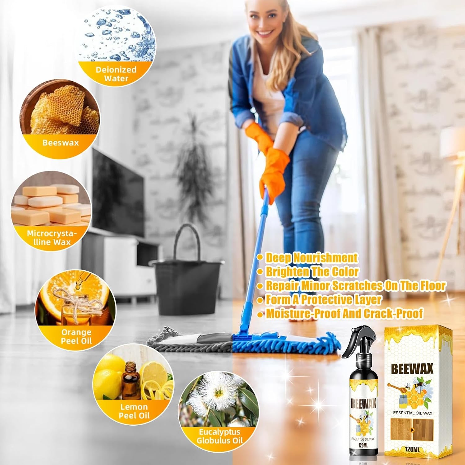Natural Beeswax Care Spray & Restorer, Wood Cleaner, Furniture Polish for Floor