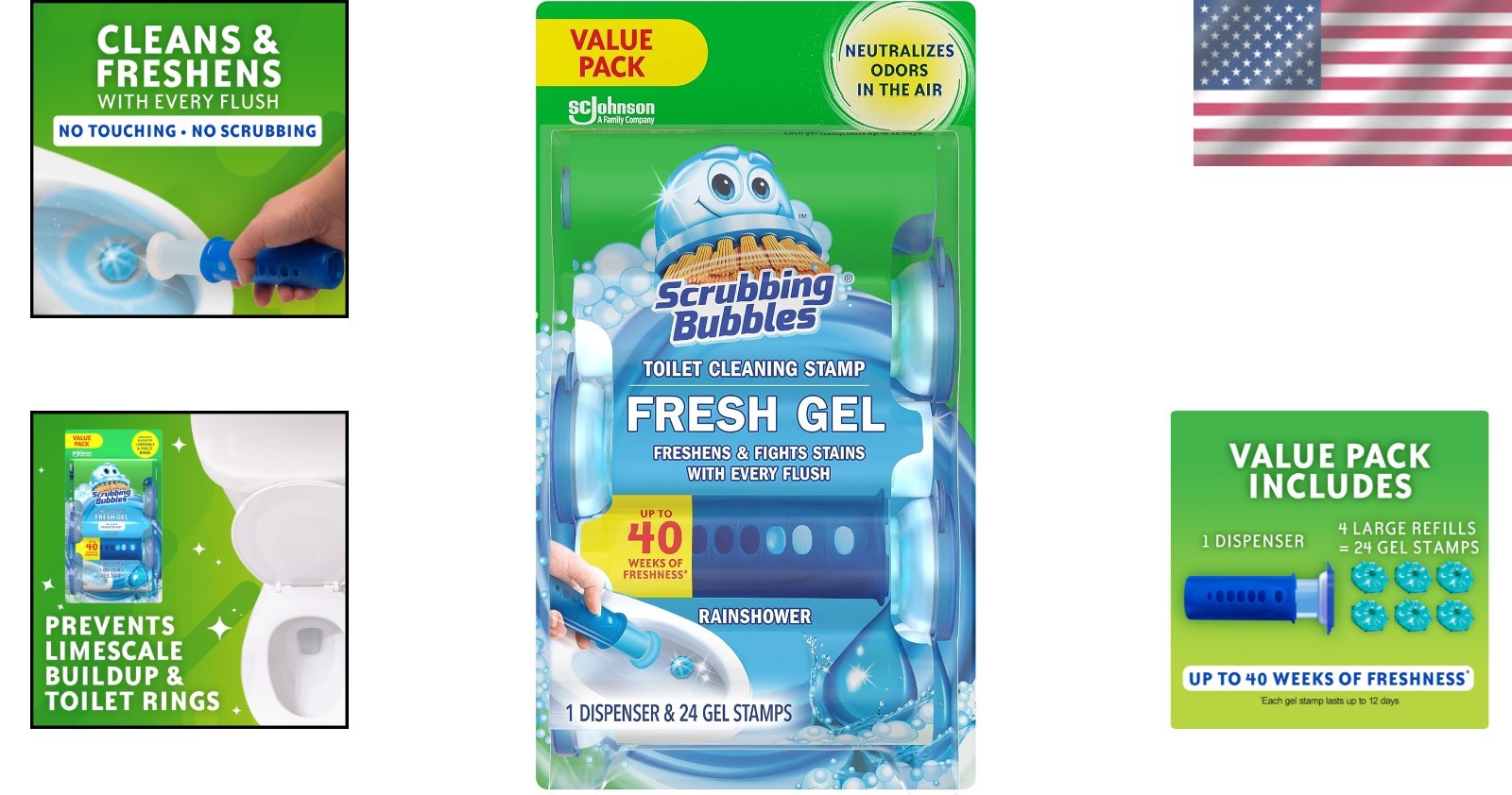Scrubbing Bubbles Fresh Gel Toilet Stamps – 24 Count, Rainshower Scented Clean
