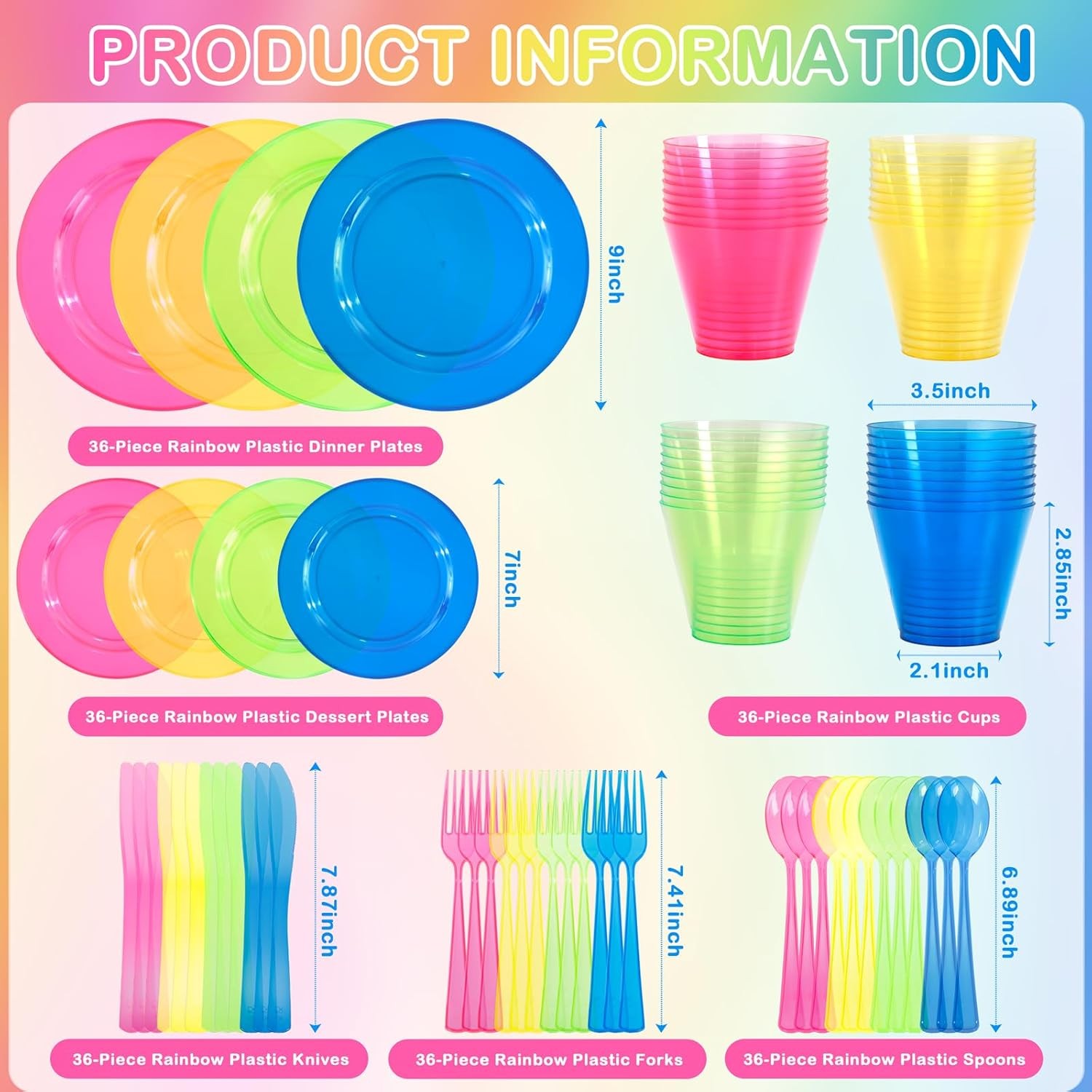 Supernal 216pcs Plastic Dinnerware Set include Rainbow Disposable Plates for P