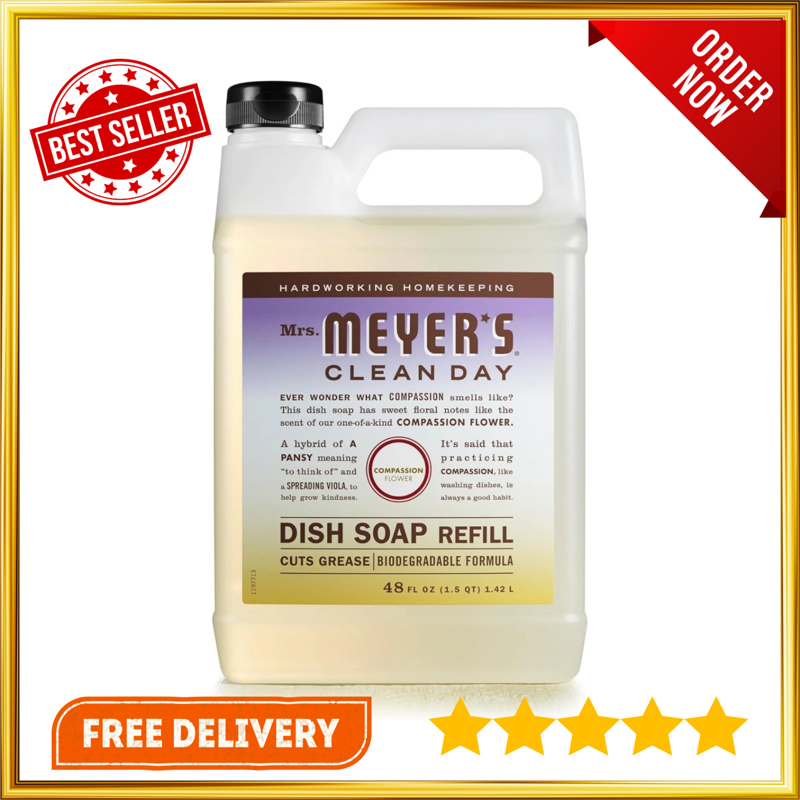 MRS. MEYER’S CLEAN DAY Liquid Dish Soap Refill, Compassion Flower, Packaging