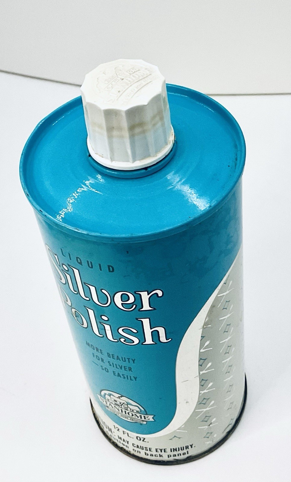 VINTAGE STANHOME LIQUID SILVER POLISH 12 FL OZ LIGHT BLUE TIN CAN