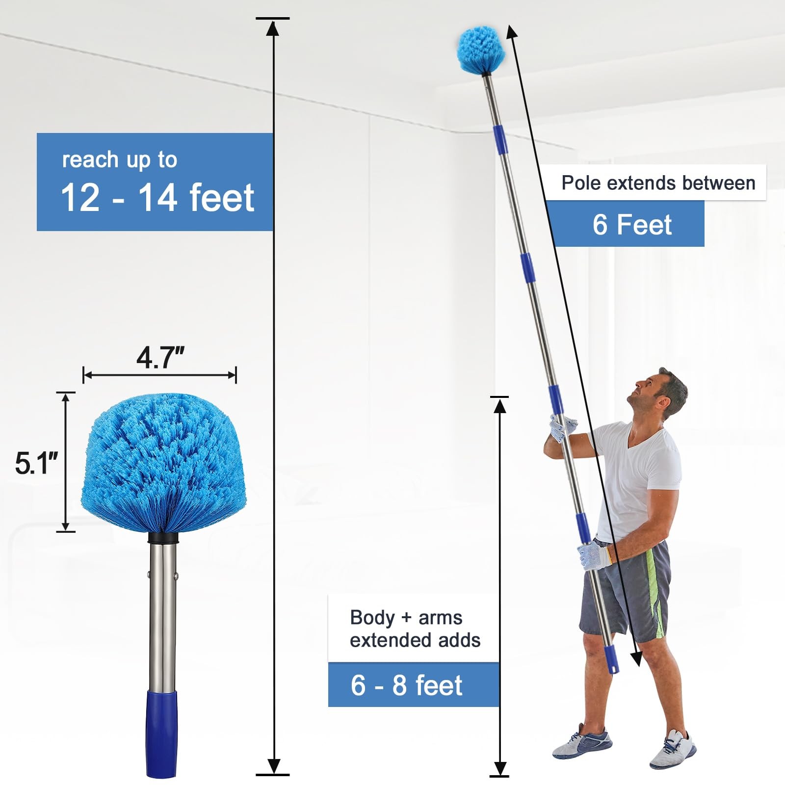 Cobweb Duster with Extension Pole – 6 FT Lightweight Stainless Steel Extendab…