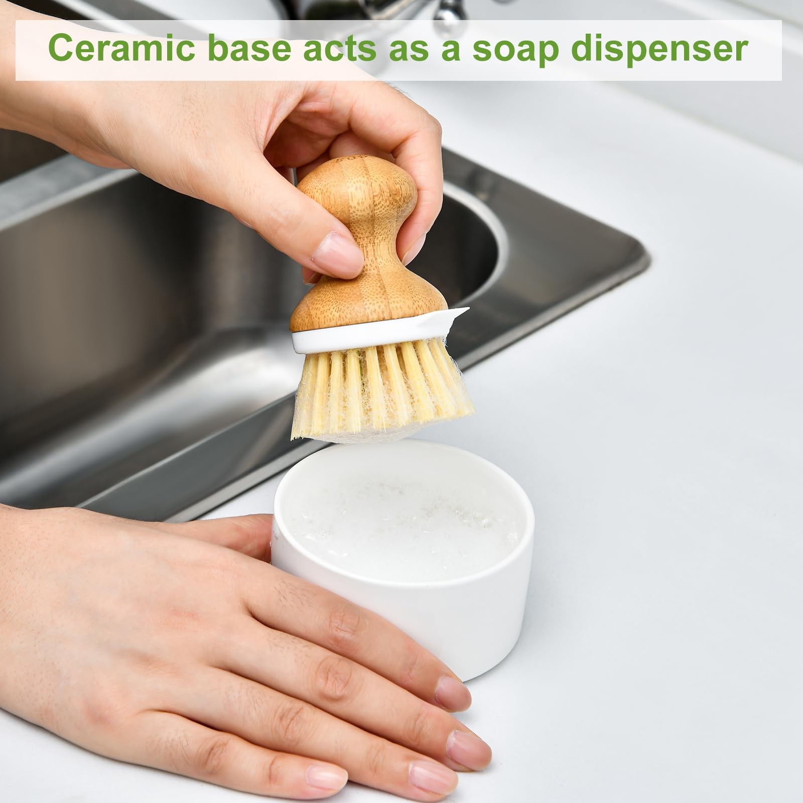 Bamboo Dish Brush Kitchen Dish Scrubber Brush With Soap Dispenser Natural Wooden
