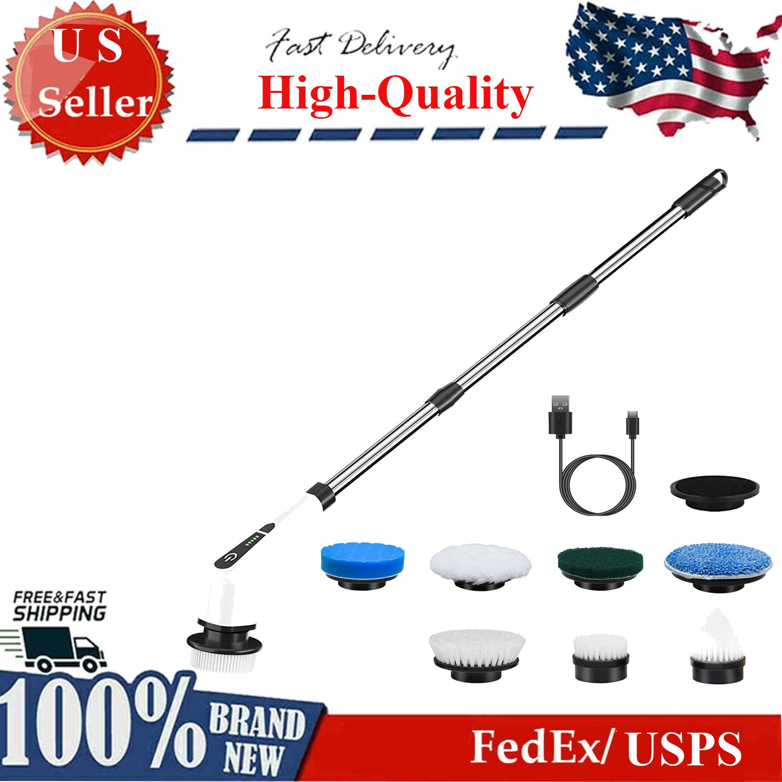 Cordless Electric Spin Scrubber W/ Telescopic Extension Arm &8 Replaceable Heads