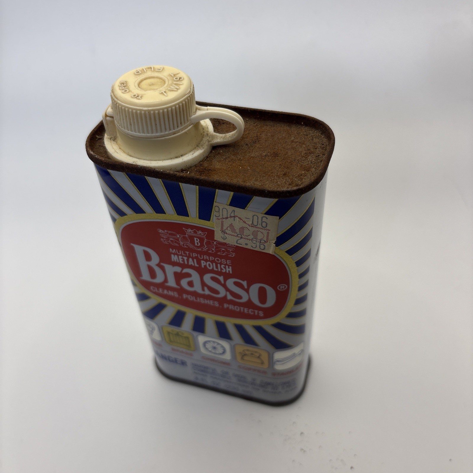 Vintage BRASSO Metal Polish 8 Fl. Oz Tin For Brass Copper Chrome 50% Full PROP