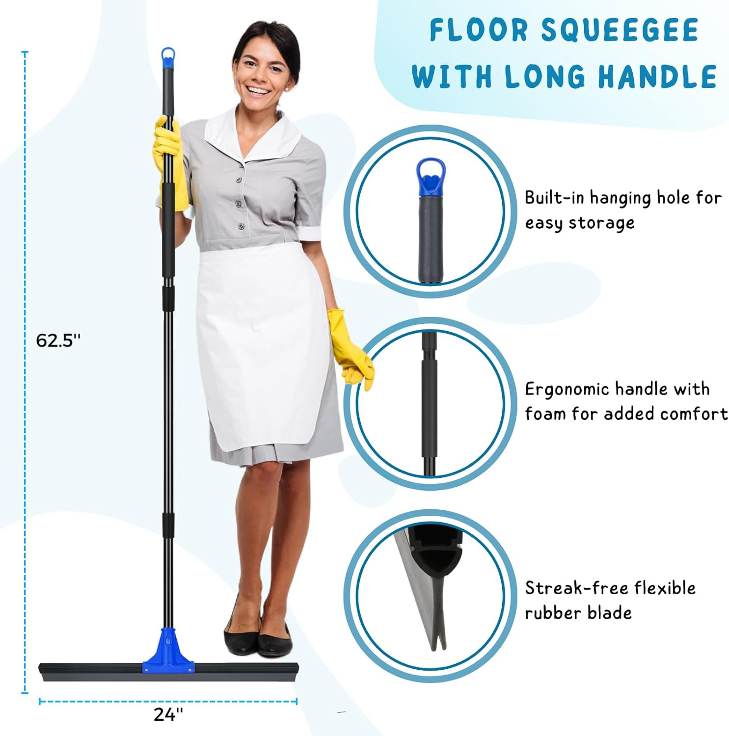 Floor Squeegee for Concrete and Tile Cleaning, 24” Rubber Wiper Broom, Large He