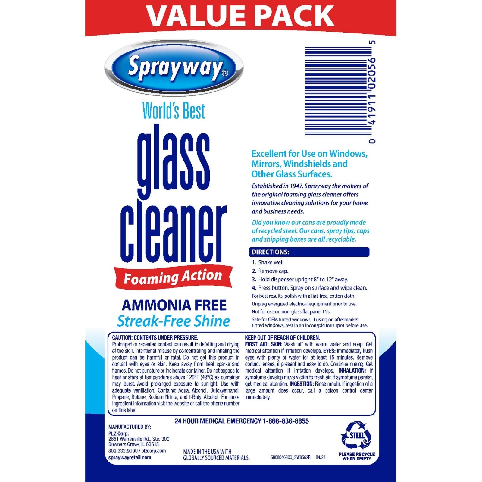 Sprayway Glass Cleaner Foaming Aerosol Spray, 19 oz, 2-Pack, Ammonia-Fr