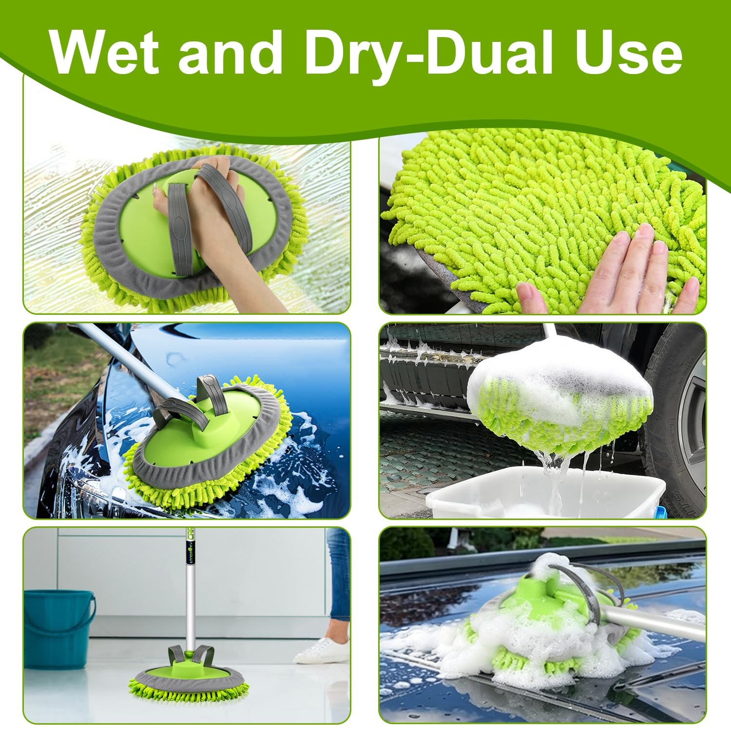 62″ Microfiber Car Wash Brush Mop Kit Mitt Sponge with Long Handle Car Cleani…