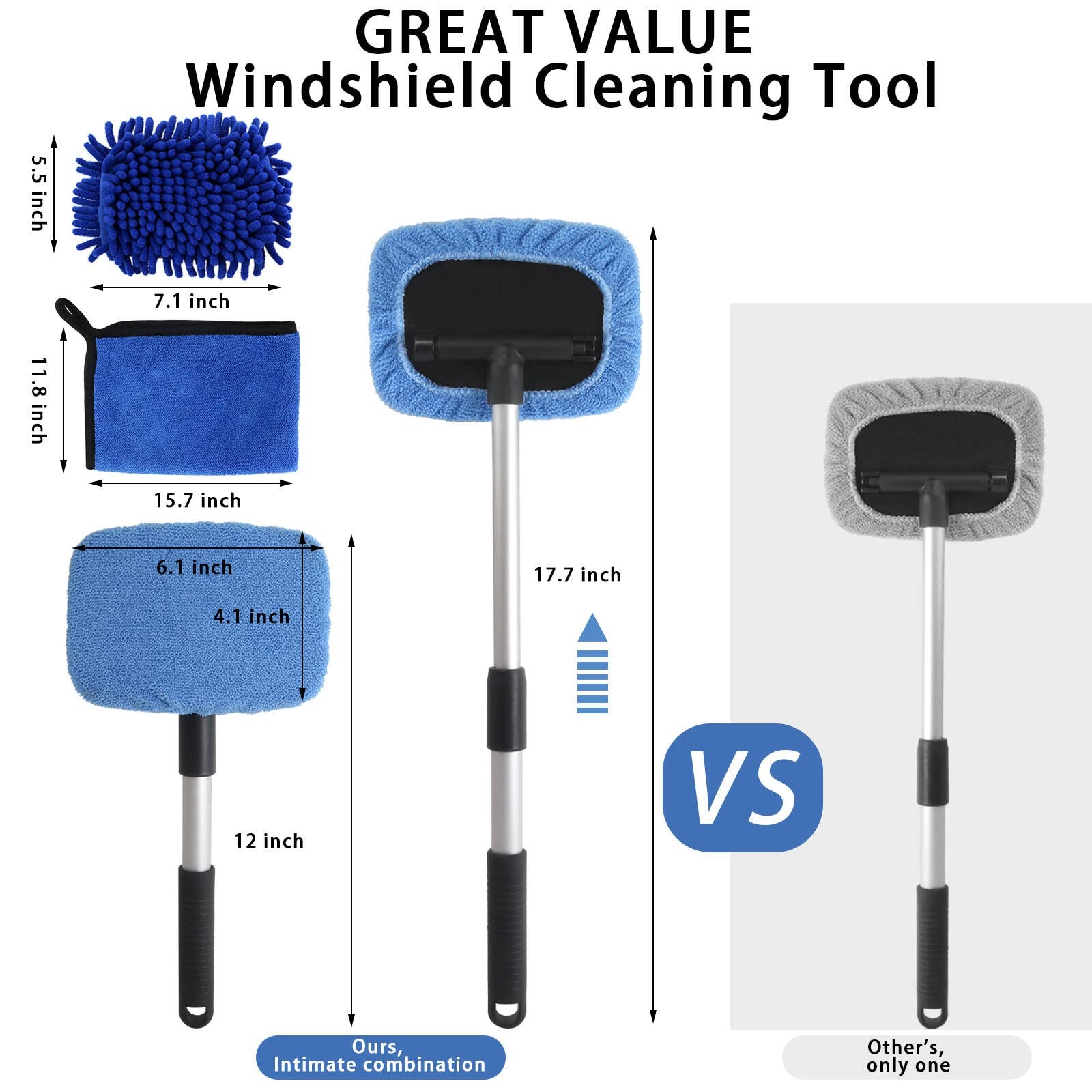 5PCS Windshield Cleaning Tool Kit 18in Microfiber Extendable Handle Glass Wiper