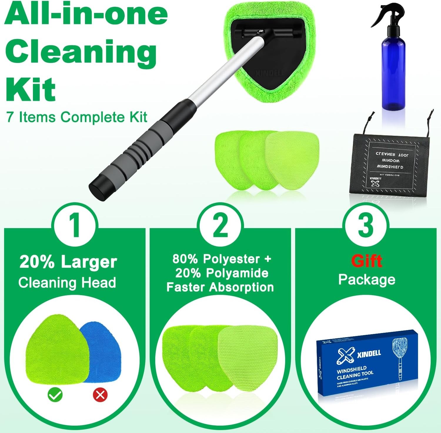 XINDELL Windshield Cleaner Tool – Car Interior Window Cleaning Kit with Extend