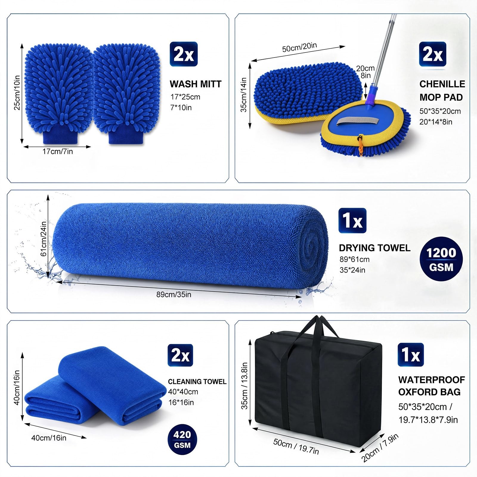 8 Pack Blue Chenille Car Wash Kit Includes Car Wash Mitt Microfiber Drying To…