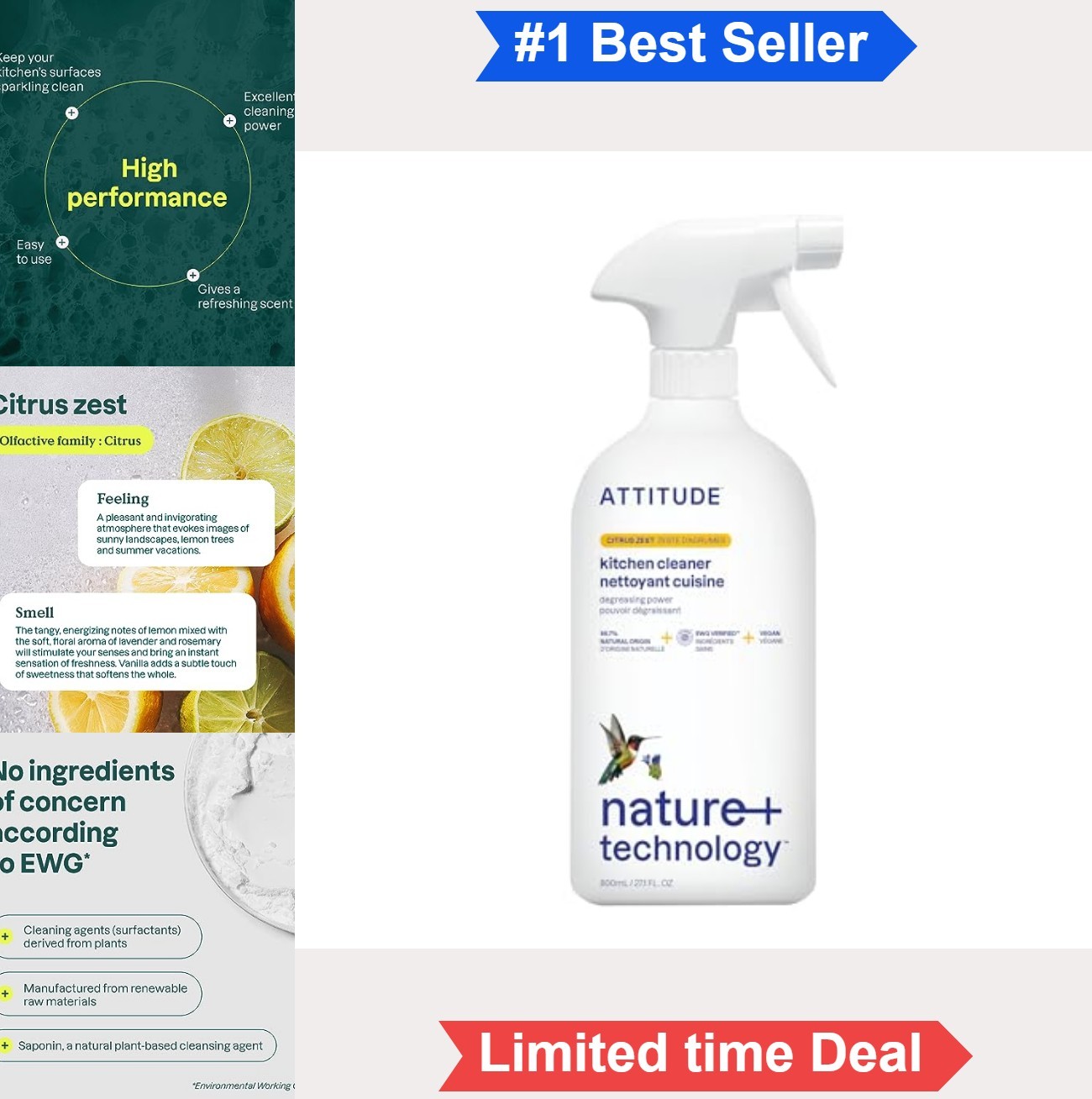 Kitchen Cleaner Spray Citrus Scent Degreaser 27.1 oz Plant Based EWG Vegan