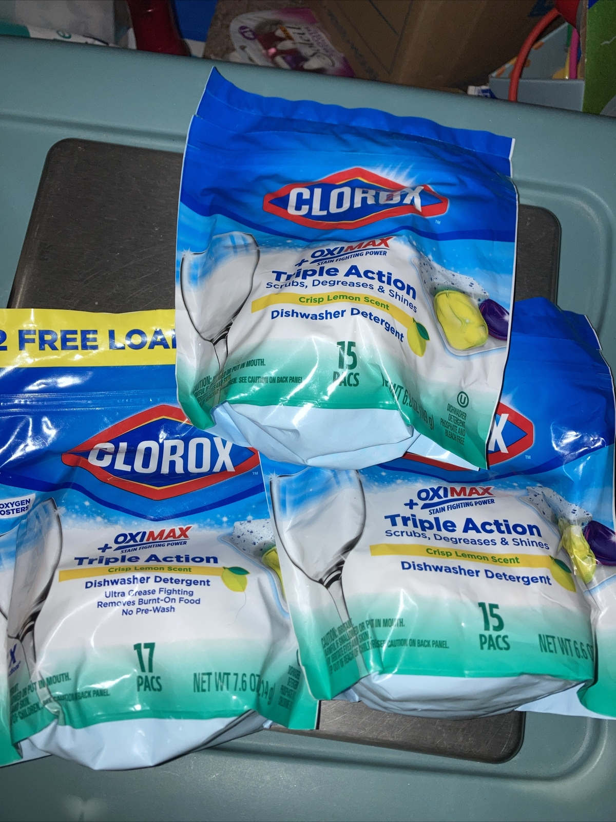 3 Clorox Triple Action Dishwasher Detergent OxiMax 17 Pacs