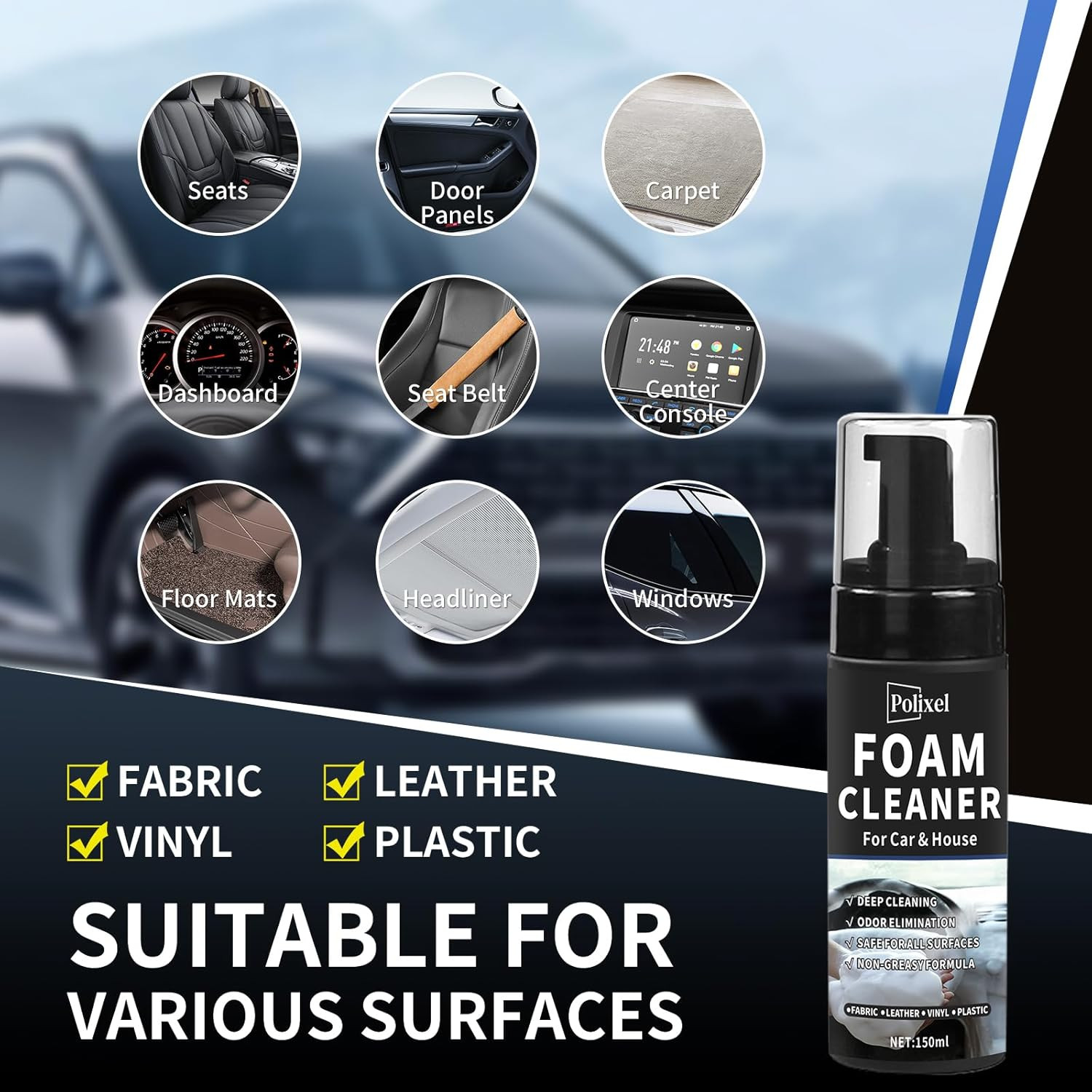 Car Interior Foam Cleaner – Powerful Waterless Carpet Upholstery & Seat Stain Re