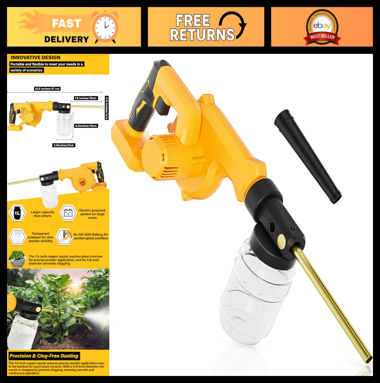 Electric Diatomaceous Earth Duster for 20V Battery, Garden Dust Applicator, 1L C