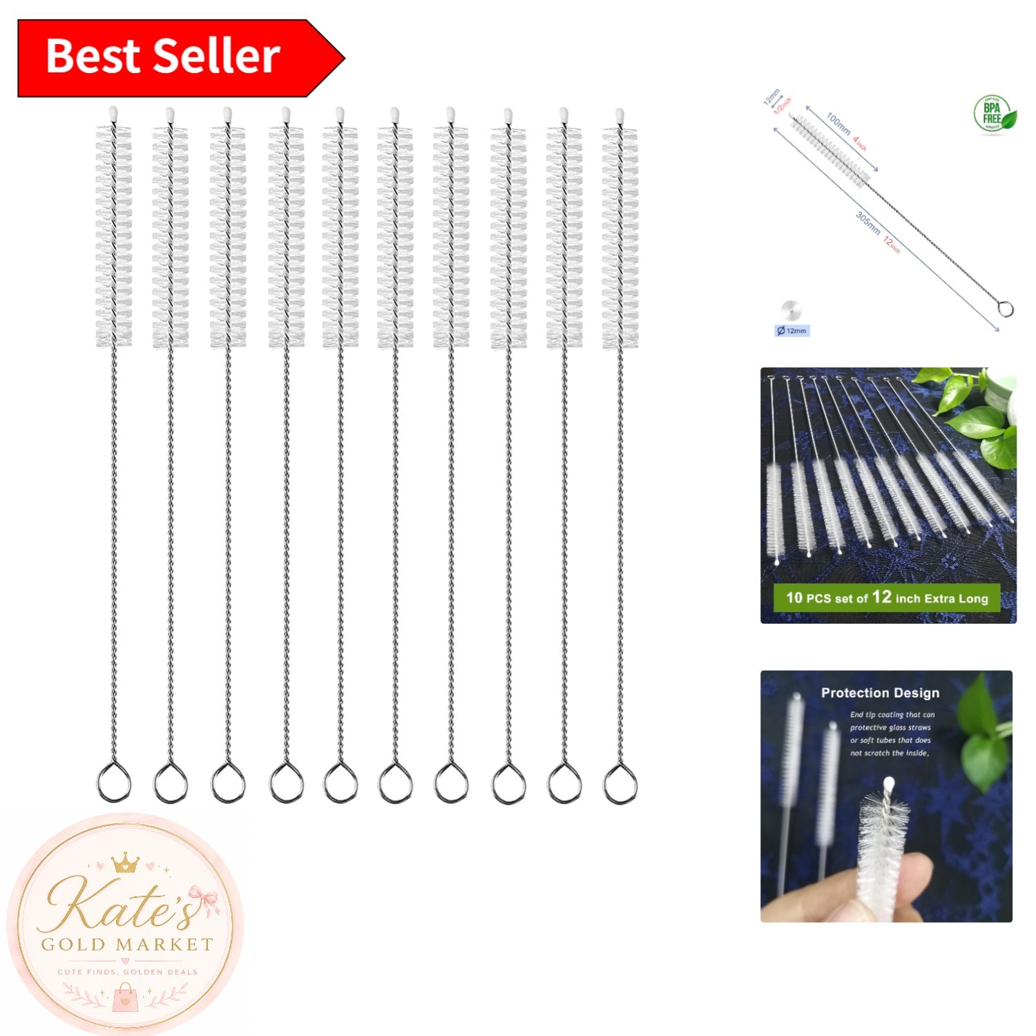 Extra Long Straw Cleaners 12 Pack – Non-Scratch and Dishwasher Safe Brush Set