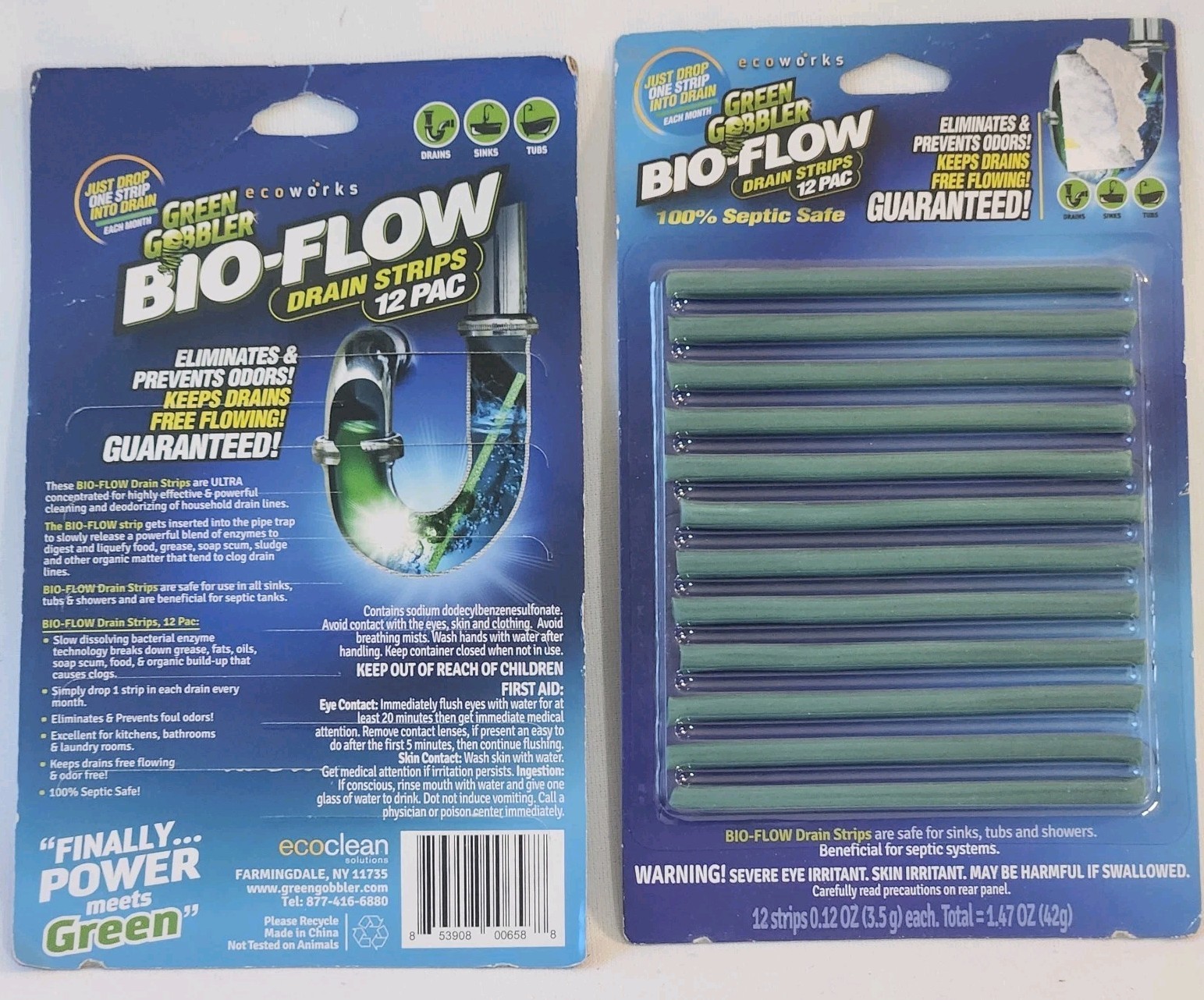 LOT OF 2 Green Gobbler BIO-FLOW Drain Strips Drain Cleaner & Deodorizer
