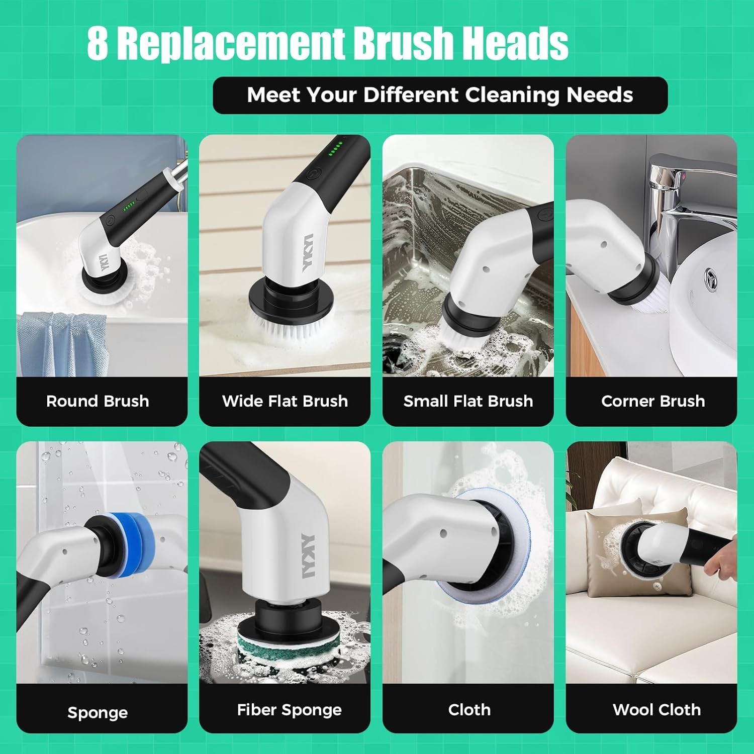 CORDLESS ELECTRIC SPIN SCRUBBER Rechargeable Power Tool 8 Cleaning Brush Heads