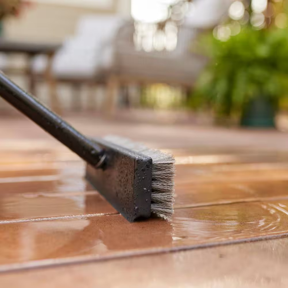 12 In. Plastic Deck Scrub Brush with 50 In. Handle (1-Pack)