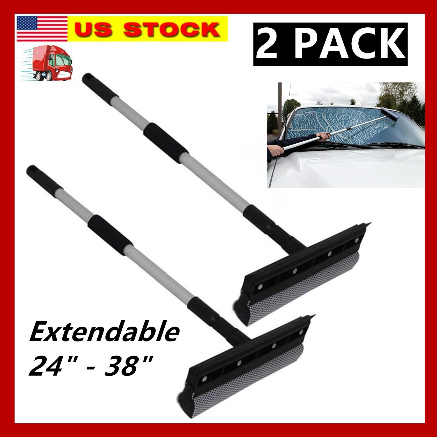2x Extendable Window Squeegee Cleaner Long Handle Car Cleaning Window Glass 38″