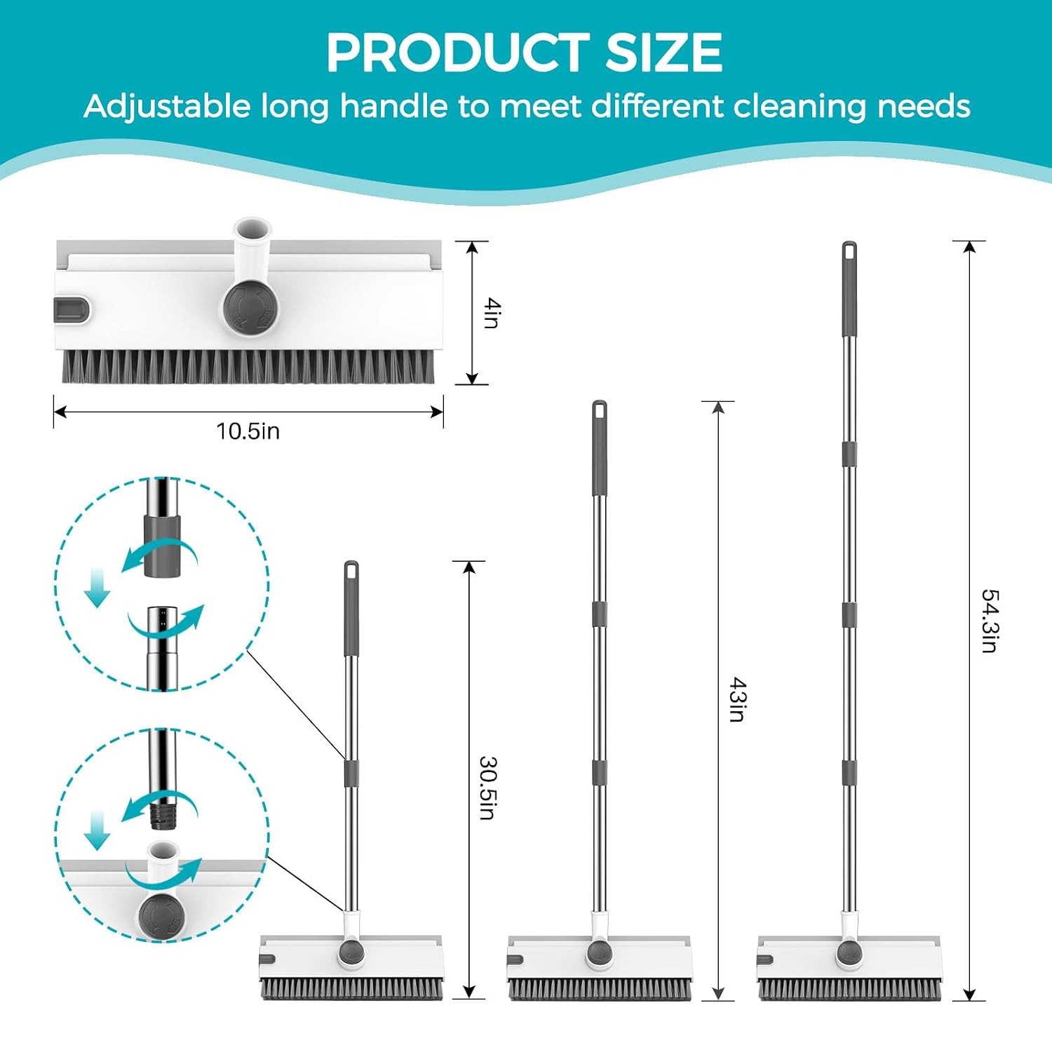 Adjustable Long Handle Floor Scrub Brush 3 in 1 Grey White Floor Scrubber