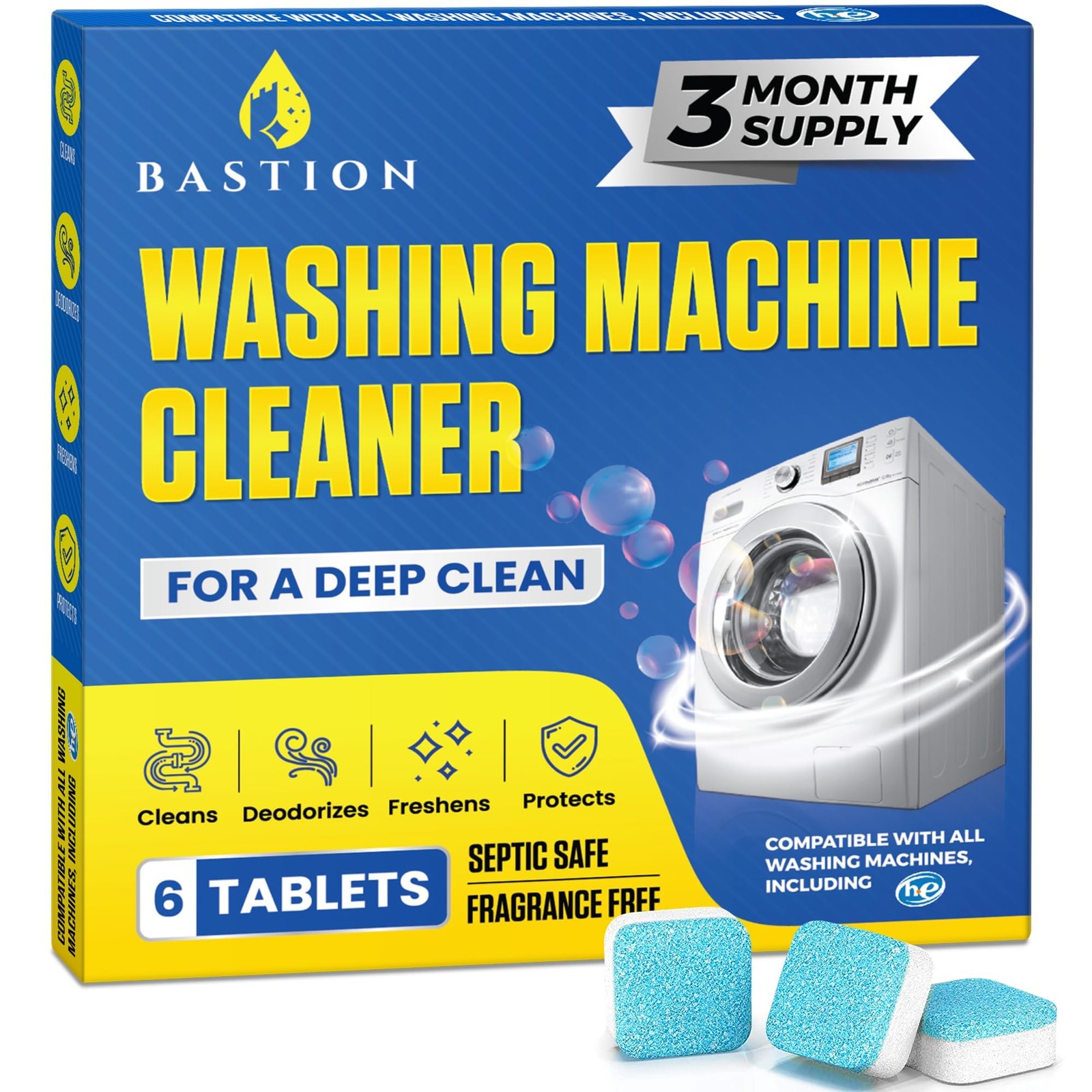 Bastion Washing Machine Cleaner, Deodorizer, & Descaler 6-Pack – Active Deep Cle