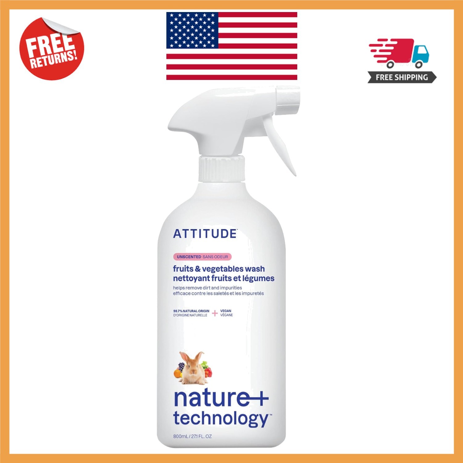 Eco-Friendly Unscented Produce Cleaner – Plant-Based, Wash 27.1 Fl Oz