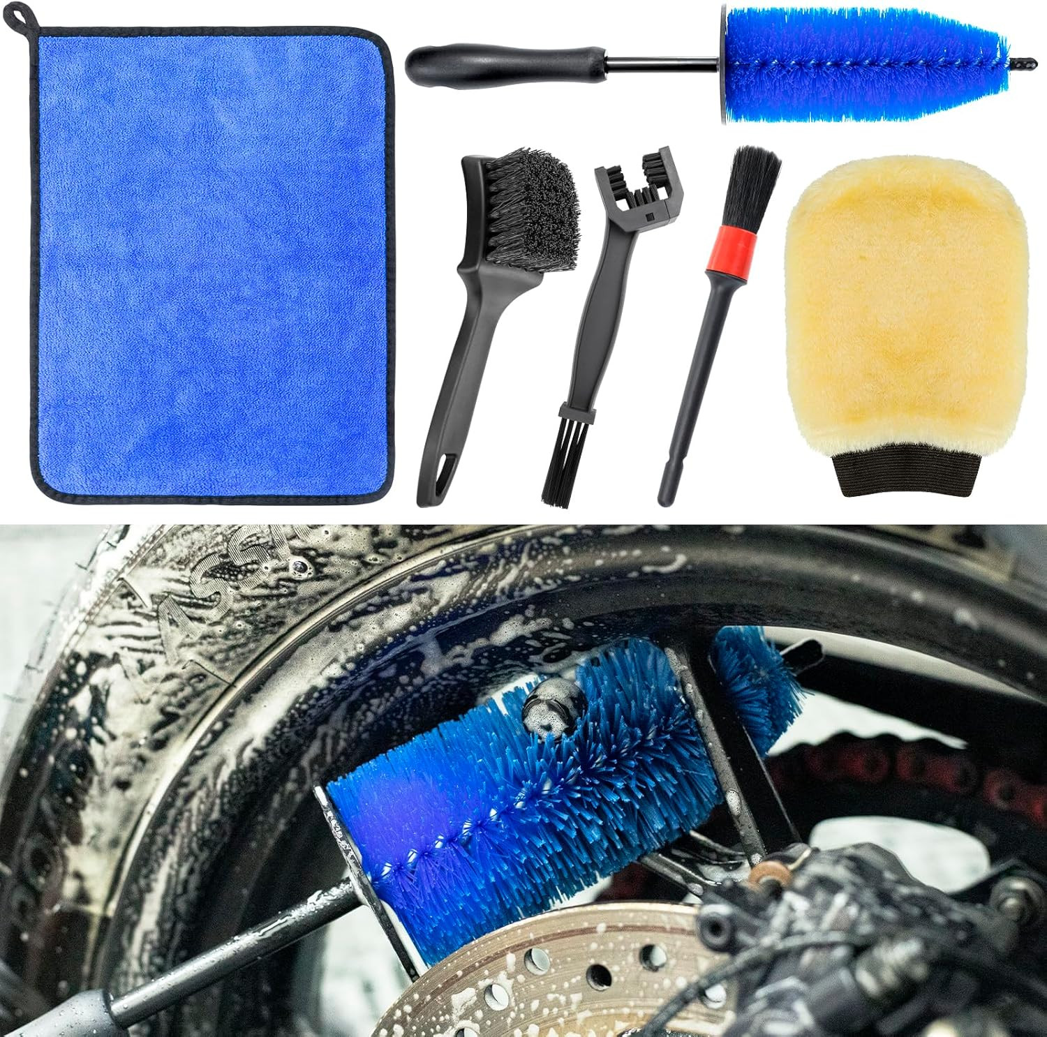 Ultimate Motorcycle Cleaning Kit: 6 Essential Brushes & Microfiber Towel