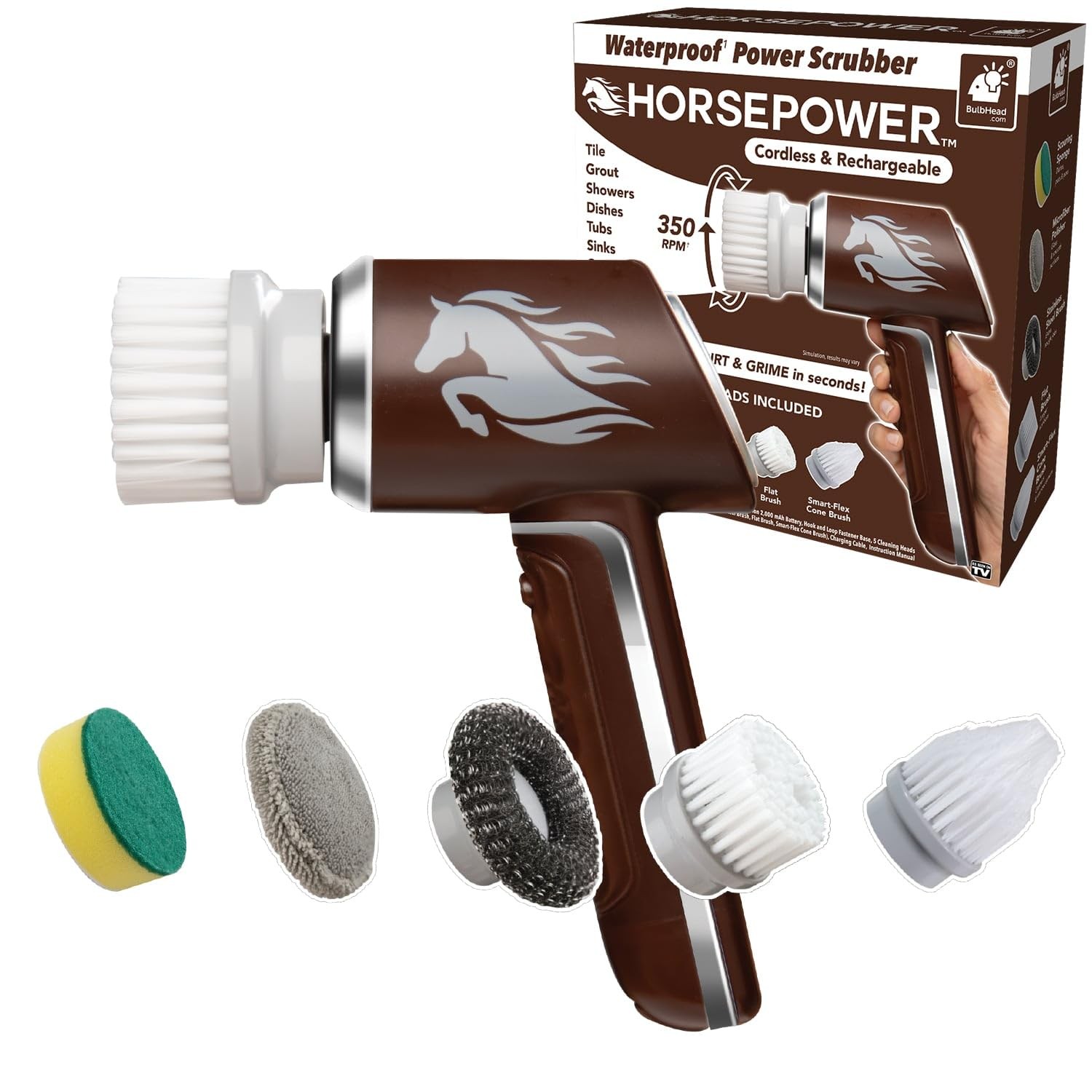 Horsepower Scrubber Waterproof Electric Power Spins 350 Rpm 5 Brush Heads Asseen