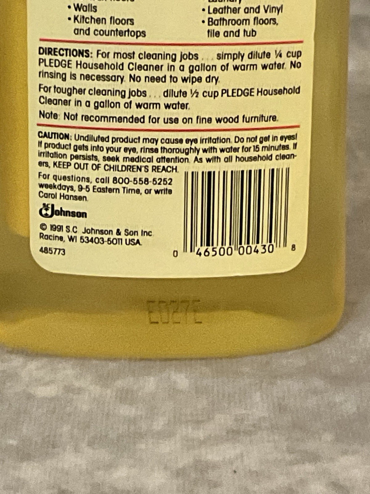 VINTAGE PLEDGE HOUSEHOLD CLEANER 16 FL OZ SC JOHNSON 1991 USED PROP