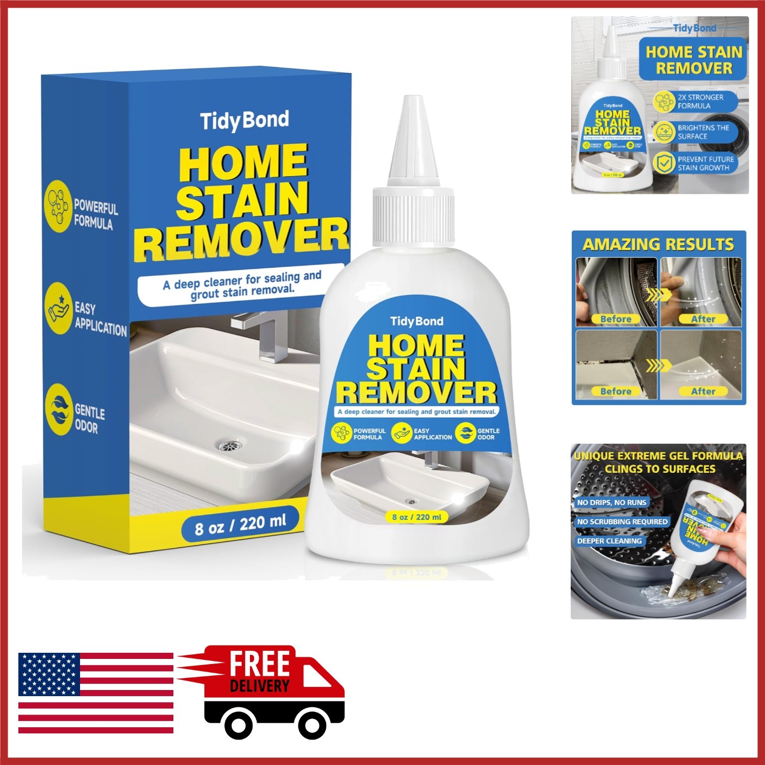 Powerful Stain Remover Gel for Tile Grout Sealant with Nozzle Brush 8oz