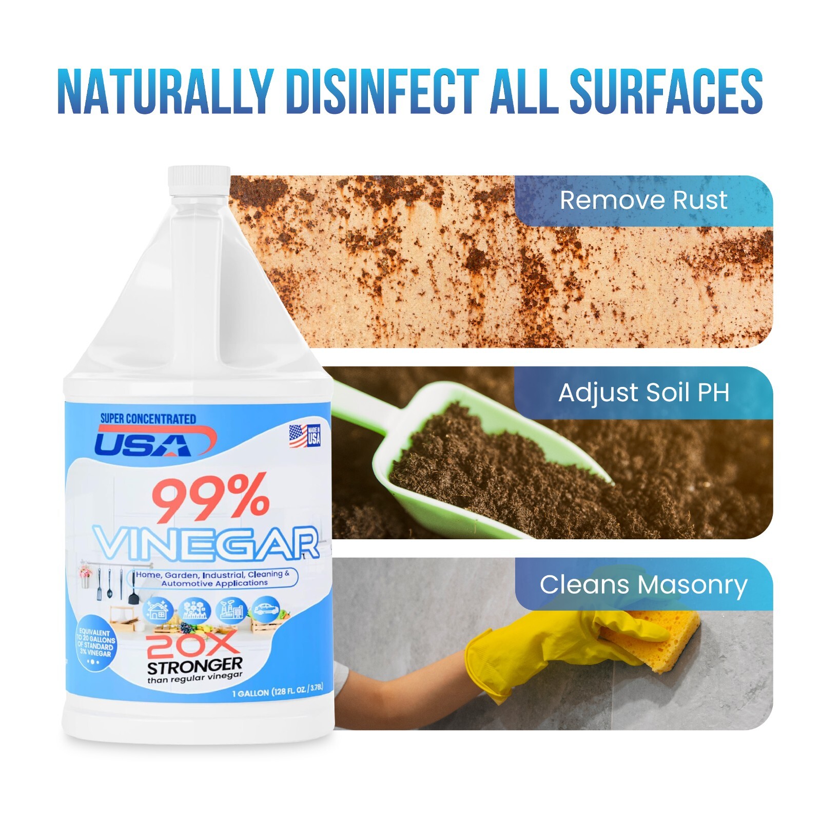 Super Concentrated USA 99% Pure Vinegar – Dilutes to 20 Gallons – 20x Power