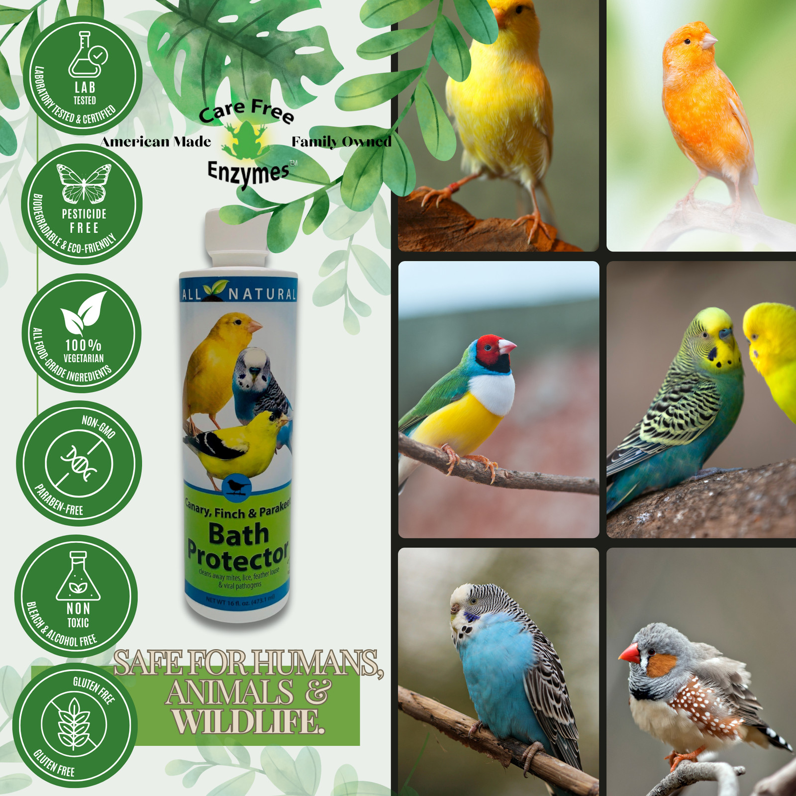 Pet Bird Bath Water Protector | For Canaries, Finches & Parakeets | 16 oz & 33.9