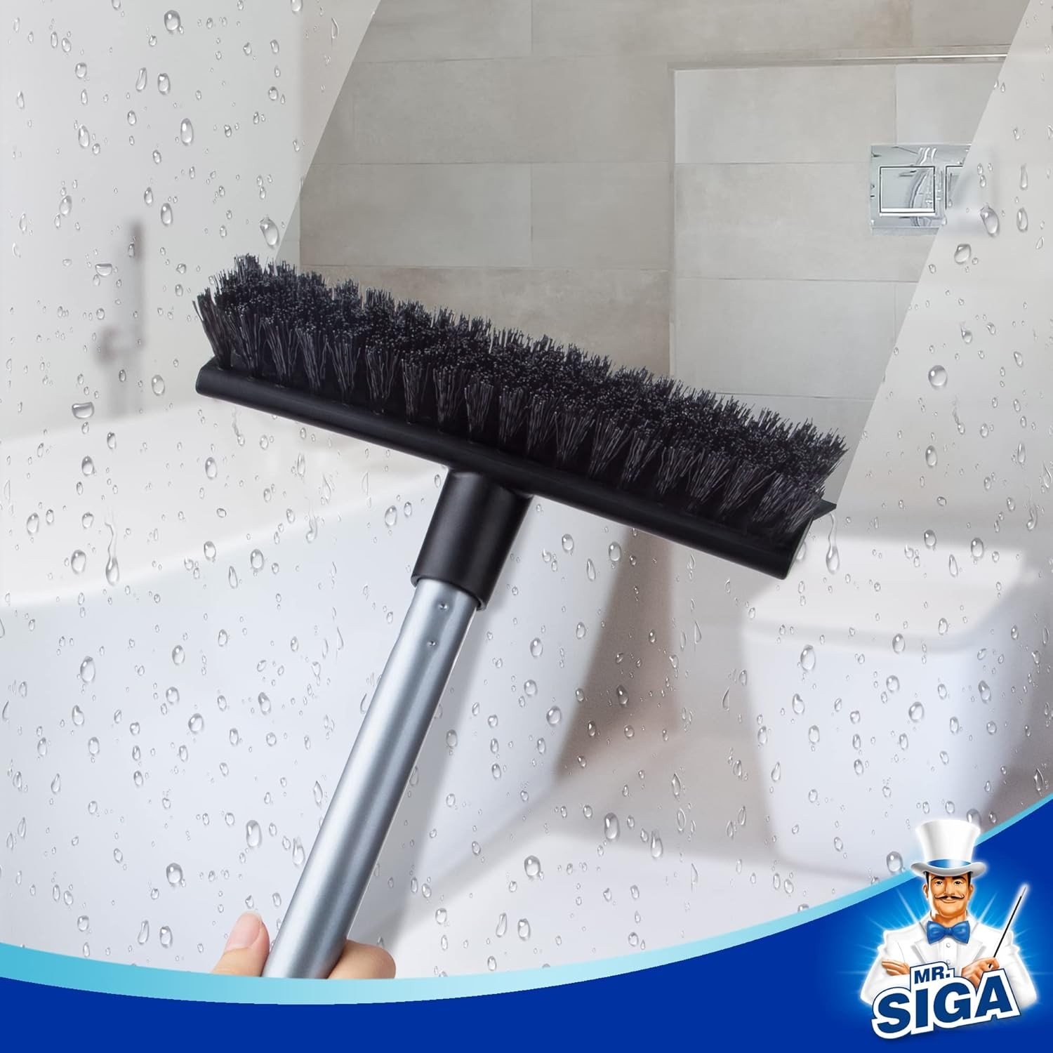 Floor Scrub Brush with Long Handle, 2 in 1 Scrubber and Squeegee。