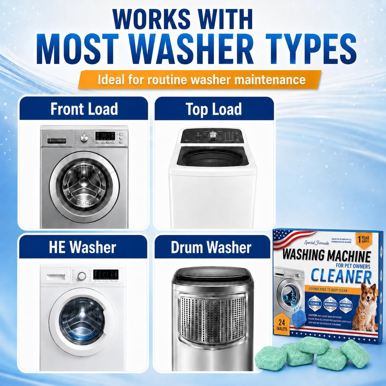 24 Pack Washing Machine Cleaner Tablets – Special Formula for Pet Owners, Remove
