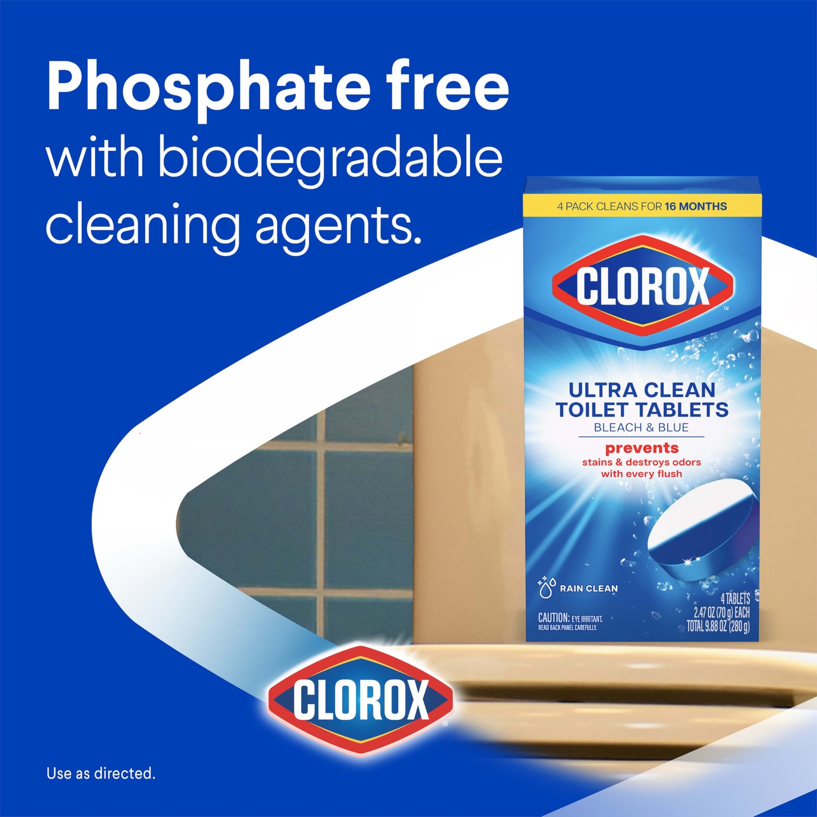 Clorox Ultra Clean Toilet Tablets Bleach & Blue, Rain 4 Count,