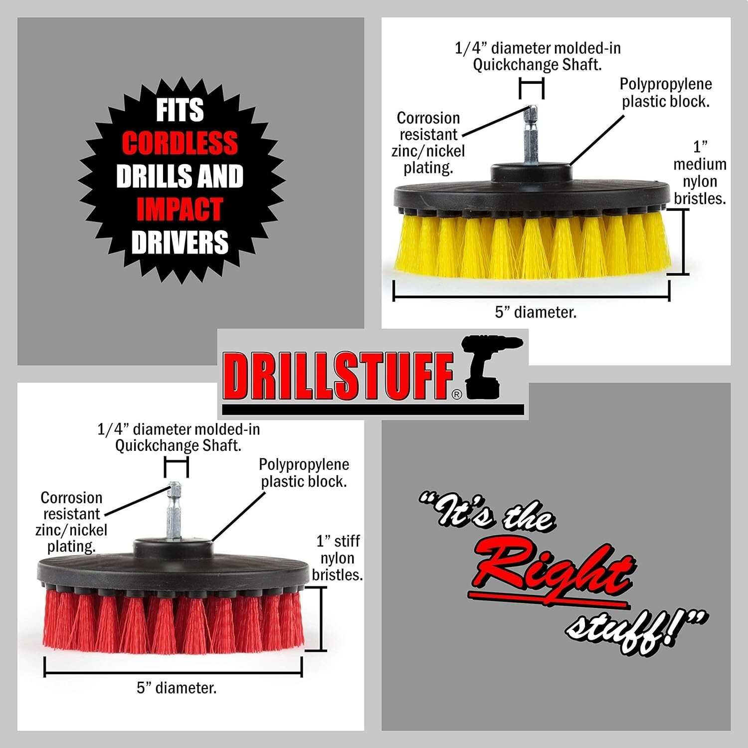Standard Softer Bristle Brush Bathroom’ Garage Mat 5″ Round W/Power Drill-2 Pc