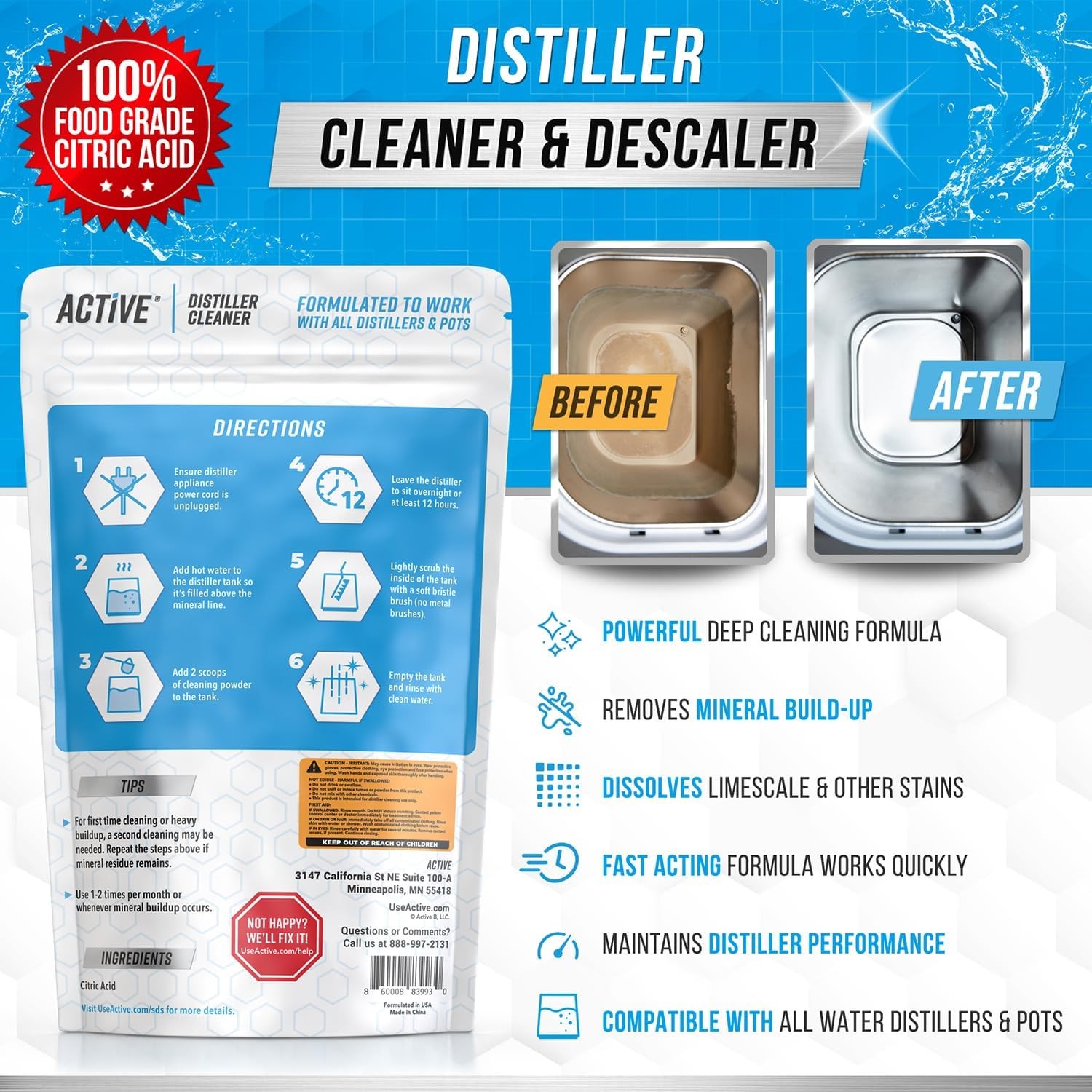 Active Distiller Citric Acid Descaler – 2 Lb Bulk for Water Distillers & Kettles
