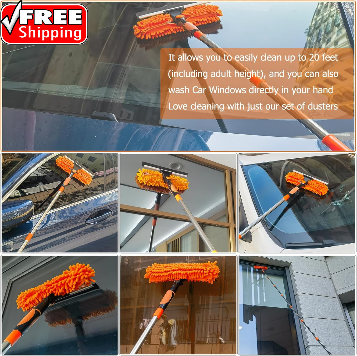 20+ Feet High Reach Dusting Kit with 3-14 Ft Extension Pole //2 in 1 Window Clea
