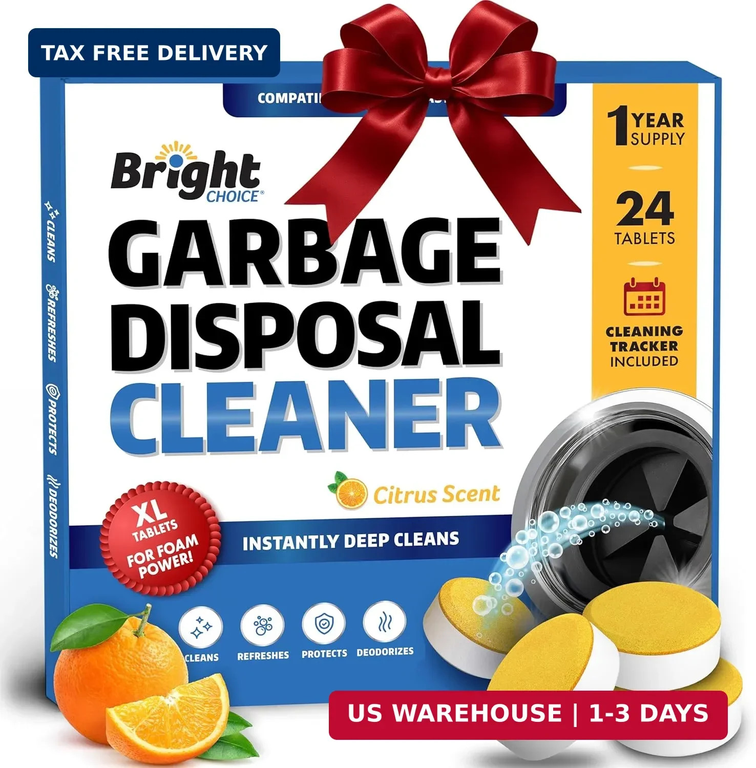 Garbage Disposal Cleaner and Deodorizer Tablets – 24 Pack, XL Citrus Foaming Tab
