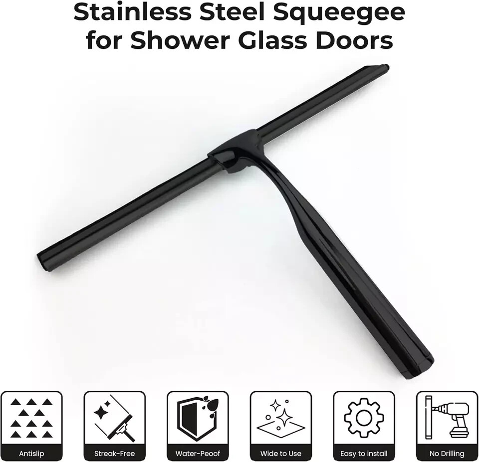 Matte Black Shower Squeegee for Glass Doors with Adhesive Hooks, Squeegee for Sh