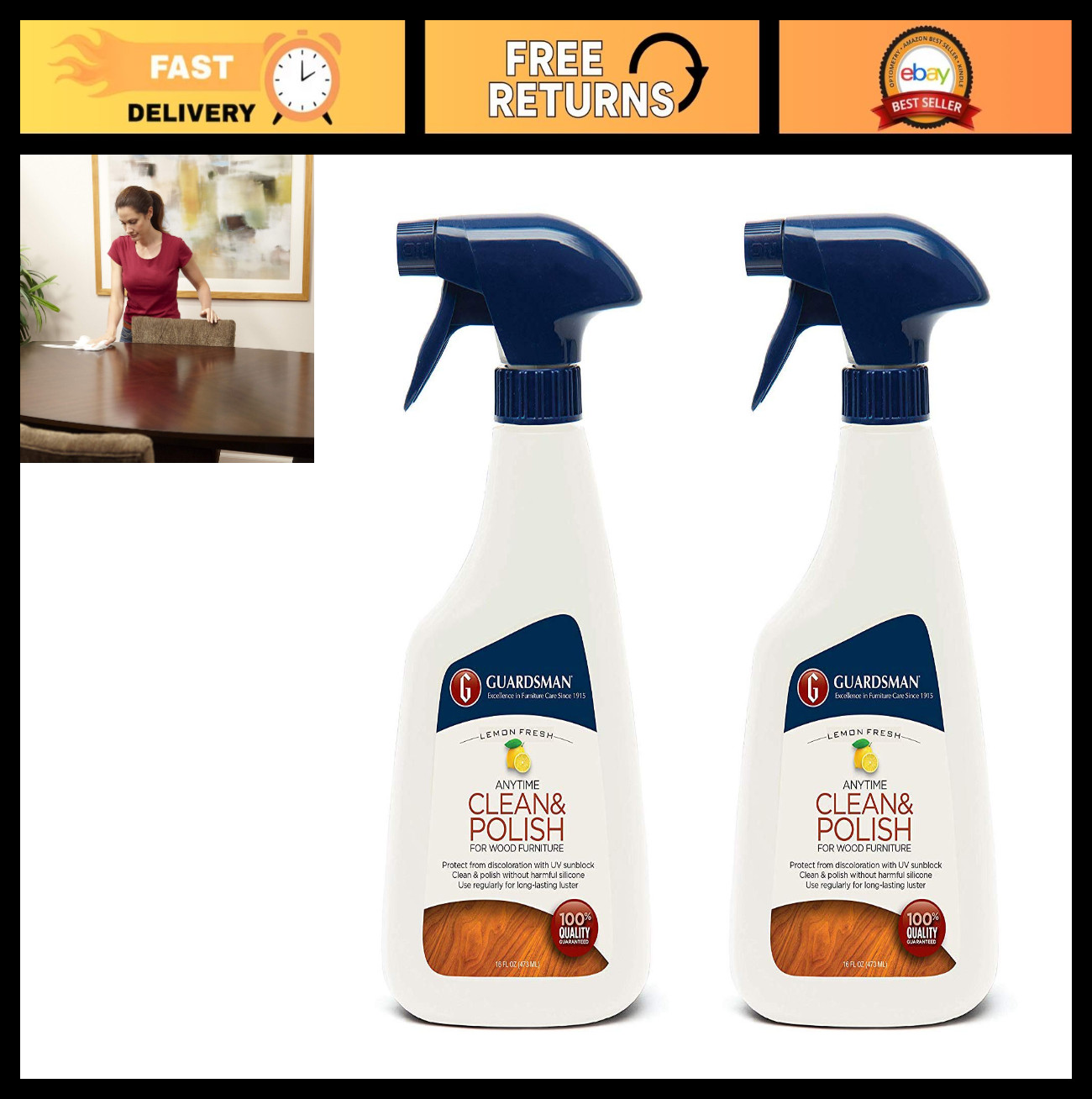 Wood Furniture Cleaner & Polish – Lemon Fresh, 16 oz – Silicone Free, UV Protect