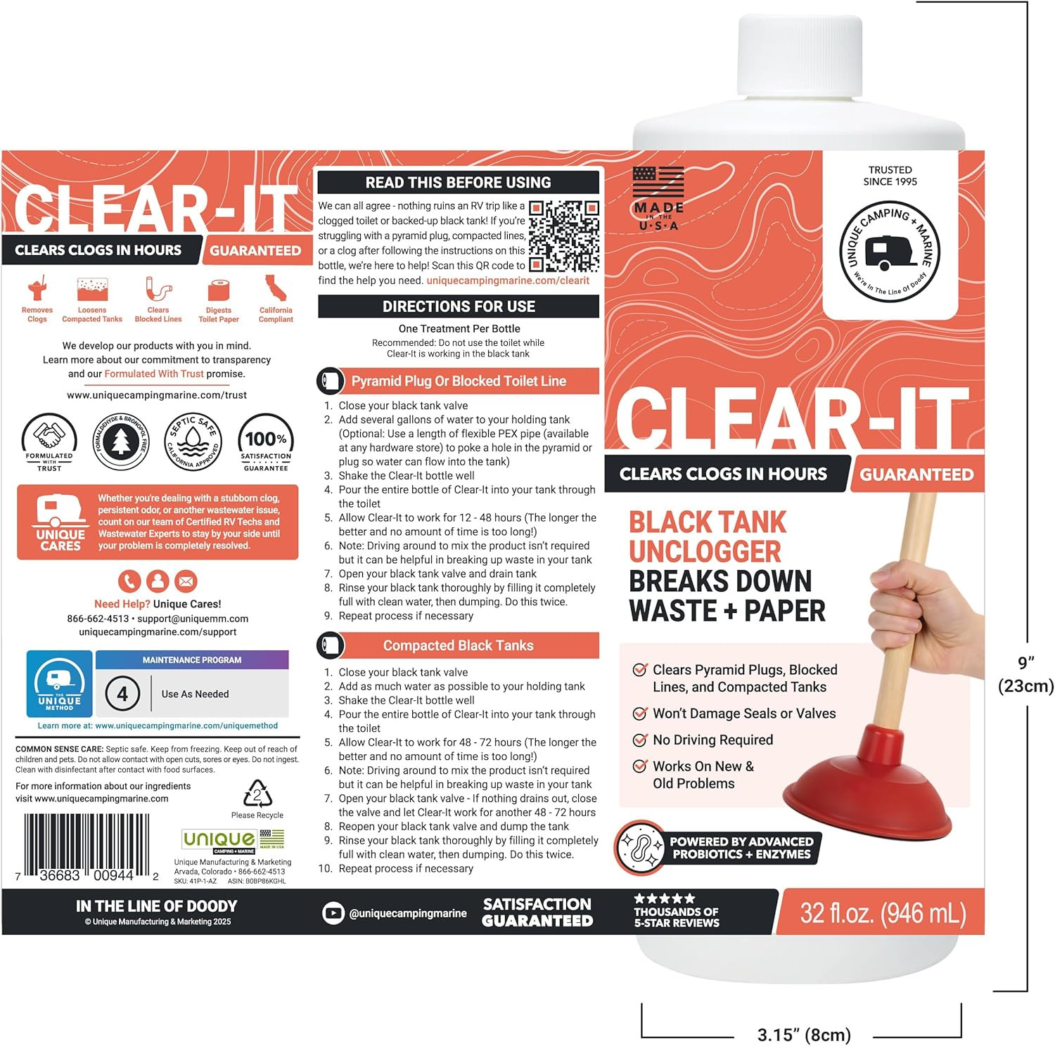 Clear-It RV Black Tank Unclogger Liquid – Breaks through Pyramid Plugs, Compacte