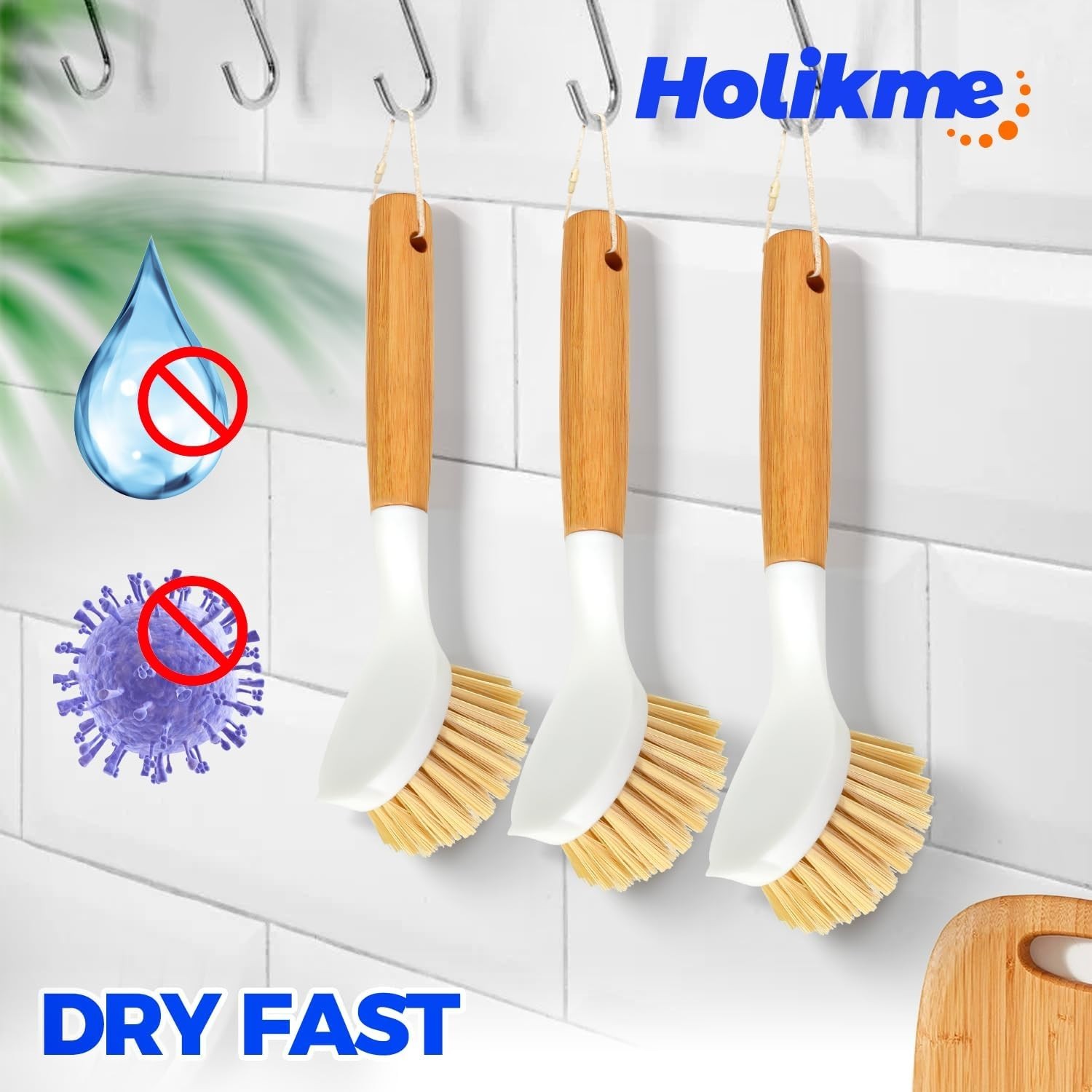 3 Pack Dish Brush Set with Bamboo Handle, Kitchen Brushes for Cleaning Pot, Sink