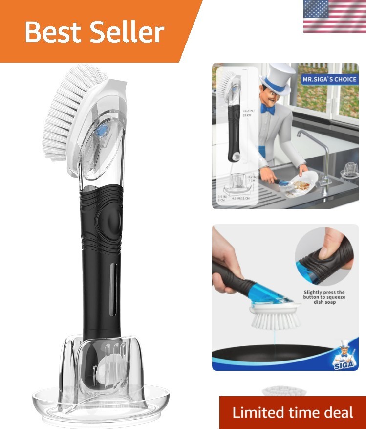 Soap Dispensing Dish Brush with Built-In Scraper & Non-Slip Holder – Easy Clean